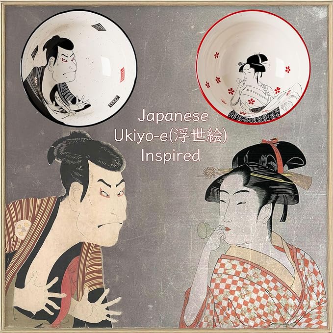 Ramen Bowl Set 45oz, 8inch, Japanese Ukiyo-e Design - Perfect for Ramen, Pho, and Noodles-Durable Ceramic Bowls, Microwave & Dishwasher Safe-Ramen Noodle Bowl Set (Samurai & Geisha)