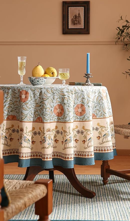 patdrea Designer French Linen Blue Round Table Cloth,Vintage Floral Tablecloth,Colorful Decoration Fall Table Cover Kitchen Dining for Party,Thanksgiving,Christmas,Diameter 55"-Wensel