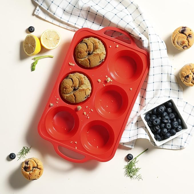 2 Packs 6 Cups Silicone Muffin Pan with Metal Reinforced Frame Jumbo Size Cupcake Pan Tray Egg Bites Silicone Circle Cookie Molds Muffin Tin Tart Pans Large Big Baking Sheet Set for Breakfast