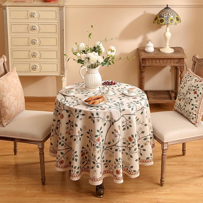 French Tablecloth for Round Tables,Linen Table Cloth with Colorful Flowers and Leaves Pattern,Heavy Durable Table Cover for Dining Thanksgiving Kitchen Decor Party Christmas,Diameter 67"