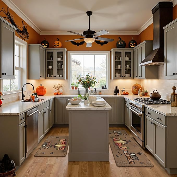 GENIMO Halloween Decorations - Kitchen Mats for Floor, 2PCS Kitchen Rugs, Cushioned Anti Fatigue Mat for Home Decor, Waterproof Non-Slip Comfort Standing Mat for Laundry, 17.3"x59"+17.3"x30", Brown