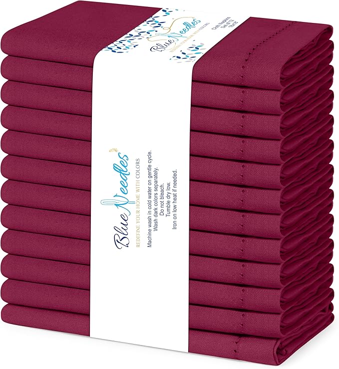 Blue Needles Set of 12 Hemstitch Linen Napkins 100% Cotton Burgundy Cloth Dinner Napkins 18x18 inches, Soft, Reusable, Absorbent, Washable, Ideal for Fall Thanksgiving Events, Parties & Everyday Use