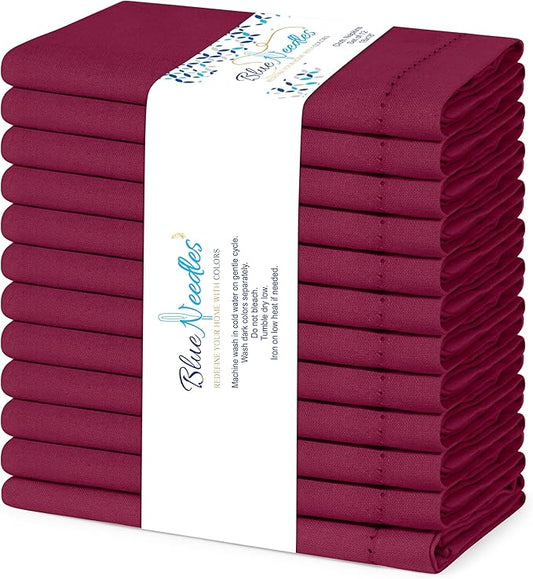 Blue Needles Set of 12 Hemstitch Linen Napkins 100% Cotton Burgundy Cloth Dinner Napkins 18x18 inches, Soft, Reusable, Absorbent, Washable, Ideal for Fall Thanksgiving Events, Parties & Everyday Use