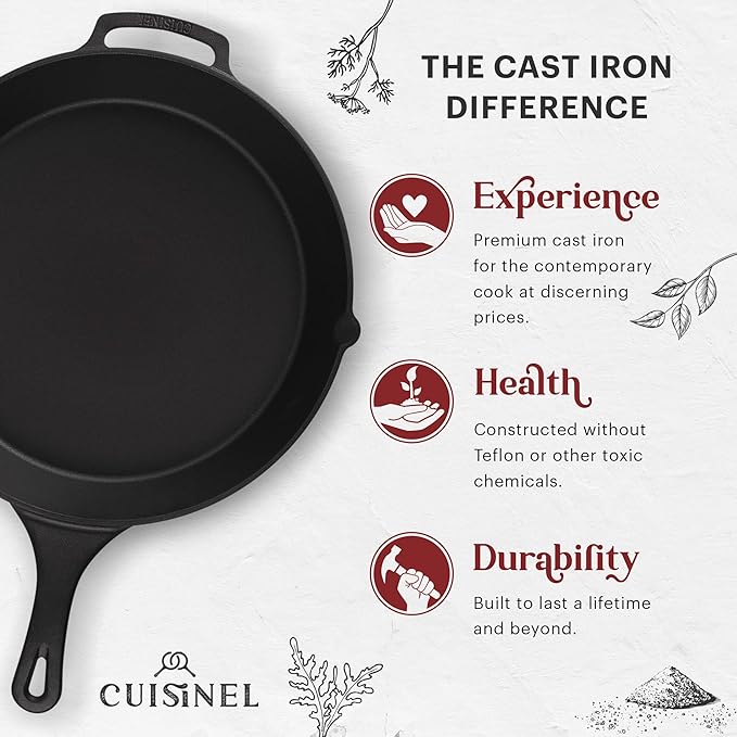 Cuisinel Cast Iron Skillet with Glass Lid Cover - Large 15"-inch Frying Pan + Red Scraper + Silicone Handle Grip - Pre-seasoned Kitchen Cookware - Indoor/Outdoor - Camping, Grilling, BBQ, Oven Use
