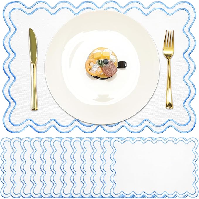 12 Set Linen Placemat 13x19 Wavy Embroidery Scalloped Placemat Double Layered Washable Farmhouse Dinner Table Mat Fabric Napkin for Christmas Hotel Restaurant Wedding Party(Sky Blue)