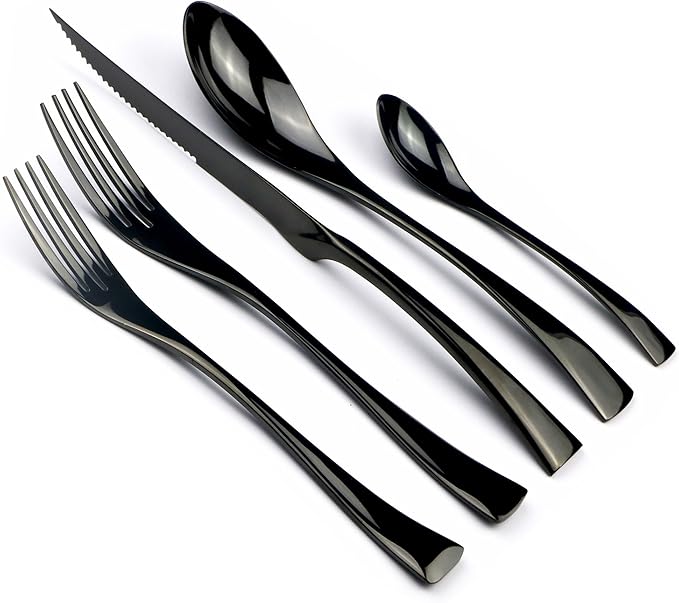 20-Piece 18/10 Stainless Steel Serrated Steak Knife Flatware Set, Mirror Polishing Black, Service for 4