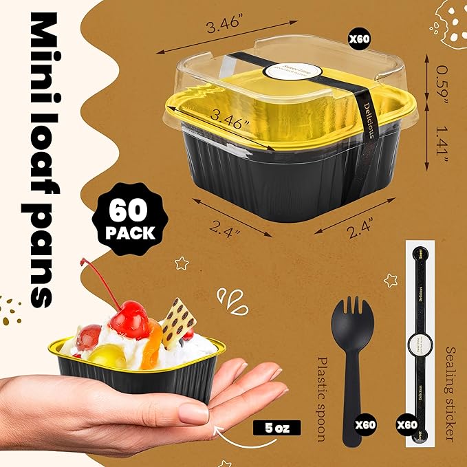 60 Pack Mini Cake Pans with Lids Mini Aluminum Pans, Disposable Loaf Pans Cupcake Liners with Lids for Pudding, Souffle, Party, Wedding(Black Gold, 5 oz)