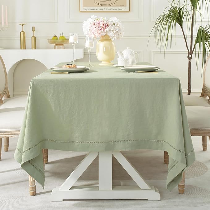 Linen World Hemstitch Linen Tablecloth, French Linen Sage Tablecloth 108" x 60" Inch, Washable Rectangular Table Cloth for Dining, Outdoor, Weddings and Restaurants, Decorative Valentine Easter