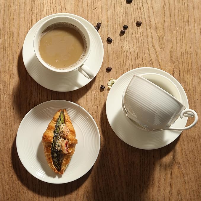 10 oz Cappuccino Cups with Saucers, Ceramic Espresso Coffee Cups Set of 4, White Latte Cup and Saucer, Elegant Tea Mugs Set, Microwave Dishwasher Safe Drinkware for Cafe, Housewarming Gift