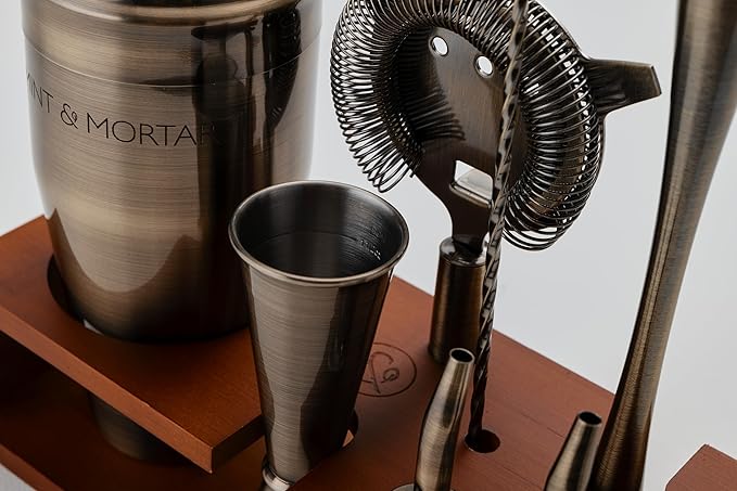 Mint & Mortar Cocktail Shaker Set, 7-Piece Bartender Kit with Stand, 24oz Martini Shaker Bottle Stainless Steel Bar Tools, Home Bar Accessories Drink Mixer, Barware Gift Set - Brushed Gold