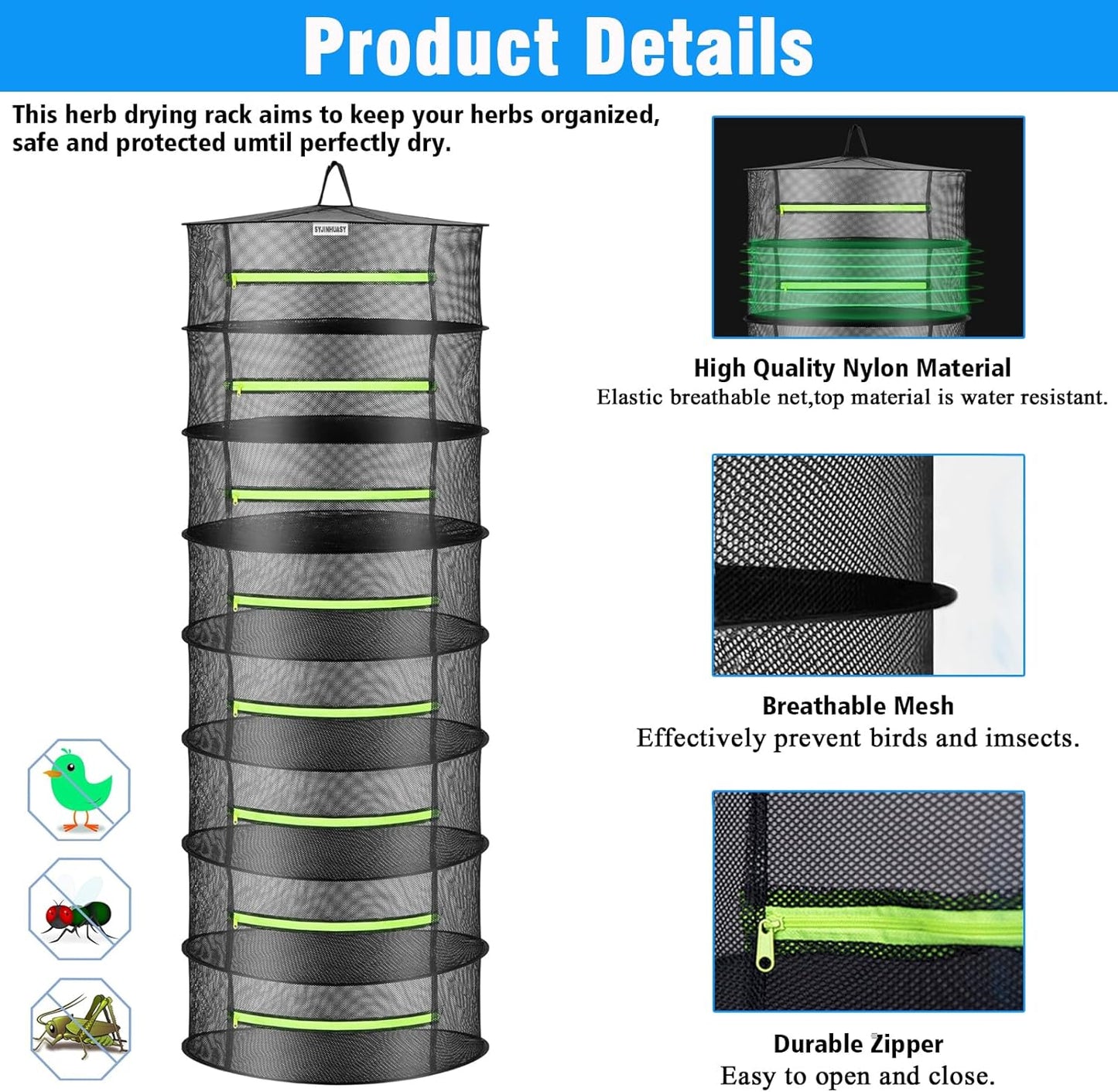 Herb Drying Rack, Breathable Mesh, 8 Layers, Black, Nylon, Polyester, Hanging, Foldable, 8x24x24 Inches, 17 lbs Capacity, For Herbs, Meat, Plants, Fish, Clothes, Nuts