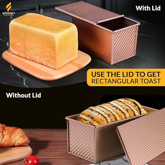 1lb+2lb set Nonstick Pullman Loaf Pan With Lid For Homemade Bread Carbon Steel Sandwich Bread Baking Mold With Sliding Lid Durable Toast Box For Square Loaf Shokupan Soft Milk Bread & Gift Box