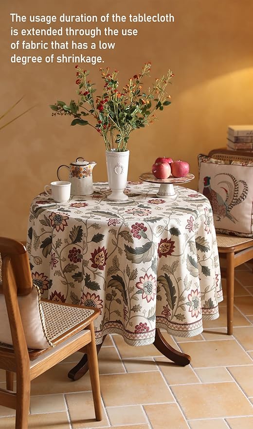 French Tablecloth for Round Tables,Linen Table Cloth with Red Flowers Pattern,Heavy Durable Table Cover for Dining Thanksgiving Kitchen Decor Party Christmas,Diameter 67"