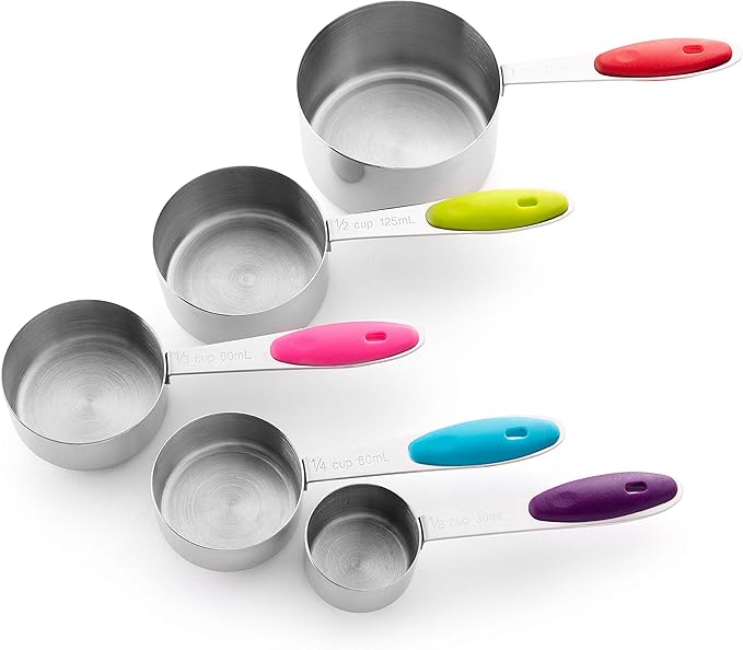 Bellemain Stainless Steel Measuring Cups Set of 5 – Nesting Metal Measuring Cups for Kitchen – Dry & Liquid Measurements (ML & OZ), Dishwasher Safe, Ergonomic Design with Colored Handles