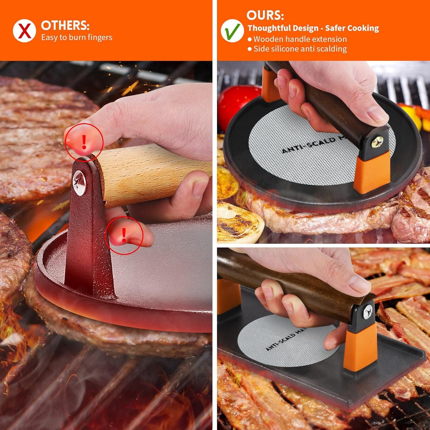 GGC Cast Iron Burger Press Kit, 7" Round and 8"x4" Rectangle Smash Burger Press Set for Grill and Griddle Cooking, 2PCS Meat Press with Wooden Handle for Bacon, Hamburgers, Eggs, Sandwiches