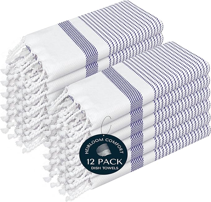 Indigo Blue Turkish Kitchen Towels 16x26 Inch, 12 Pack, 100% Cotton, Soft, Absorbent, Fast Dry, Machine Washable, Dish Towel with Tassels for Drying Dishes, Cleaning, Everyday Use