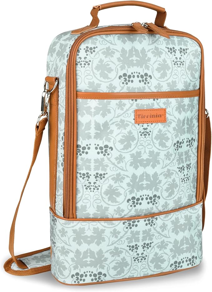 Tirrinia 2 Bottle Insulated Wine Tote Bag - Wine Tumbler Glass Cooler Carrier for BYOB Restaurants, Travel, Park, Beach - Blue & White Strap