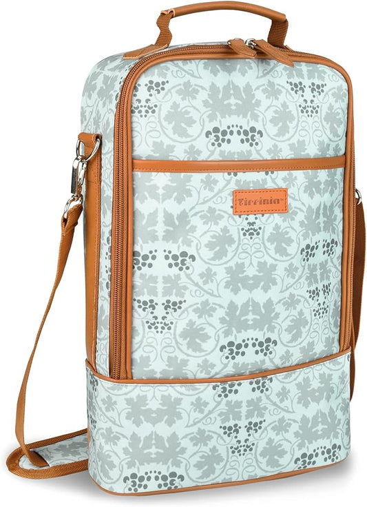 Tirrinia 2 Bottle Insulated Wine Tote Bag - Wine Tumbler Glass Cooler Carrier for BYOB Restaurants, Travel, Park, Beach - Blue & White Strap