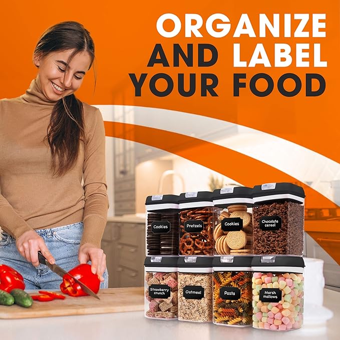 Cheer Collection Airtight Food Storage Containers, Kitchen Storage Containers for Pantry, Set of 8 Food Containers with Lids Airtight, Pantry Storage Containers & Organizers with Lids, Black