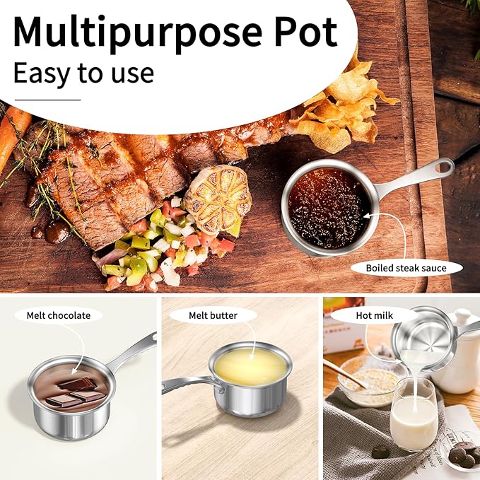 Macevia Mini Sauce Pan with Lid,Stainless Steel Butter Warmer Small Pot, For All Stoves Multipurpose Use for Home Kitchen or Restaurant (10.8oz/320ml) - Silver