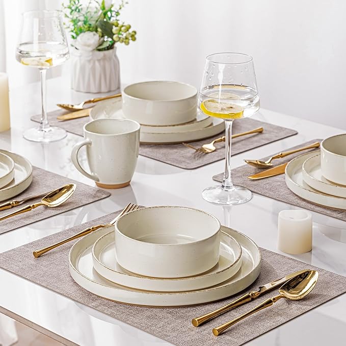 AmorArc Ceramic Dinnerware Sets for 8, 24 Pieces Handpainted Plates and Bowls Set with Rustic Terracotta Underside, Scratch Resistant Stoneware Dishes Set, Dishwasher & Microwave Safe