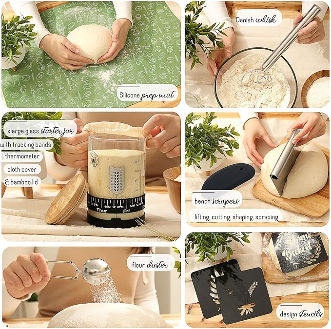 All-Inclusive 𝗣𝗥𝗘𝗠𝗜𝗨𝗠 Sourdough Starter Kit with Pot, 34 Oz Starter Jar, 4 Banneton Bread Proofing Baskets, Scraper, Scale, Sourdough Bread Baking Supplies, Detailed Beginner Guide & Recipes