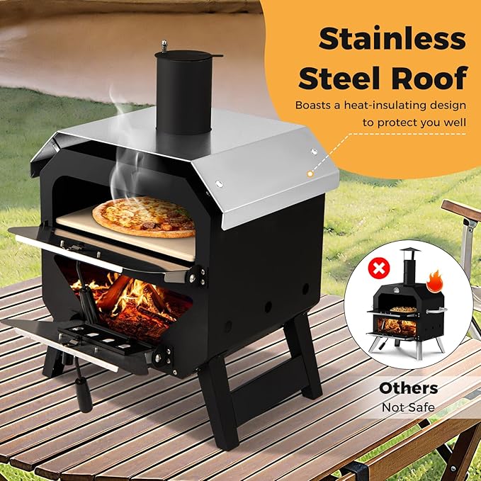 Happygrill Pizza Oven Outdoor, 12” Portable Wood-Fired Pizza Stove with Pizza Stone, Pizza Peel & Oxford Cloth Cover, Multi-Fuel Pizza Maker with Stainless Steel Roof for Patio Backyard Camping BBQ