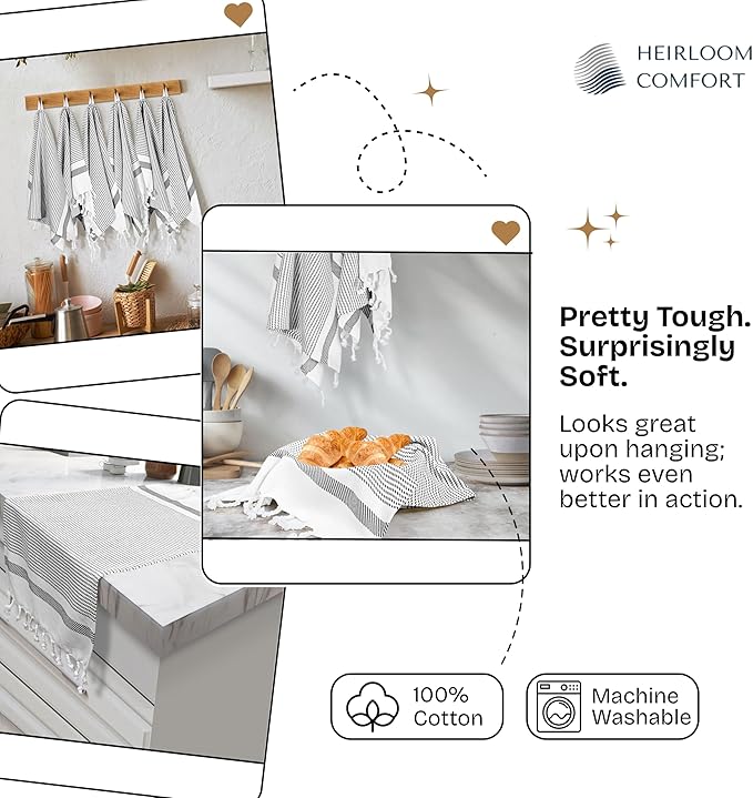 Black Turkish Kitchen Towels 16x26 Inch, 5 Pack, 100% Cotton, Ultra Absorbent, Soft, Fast Dry, Machine Washable, Dish Towel with Tassels for Drying Dishes, Cleaning, Everyday Use