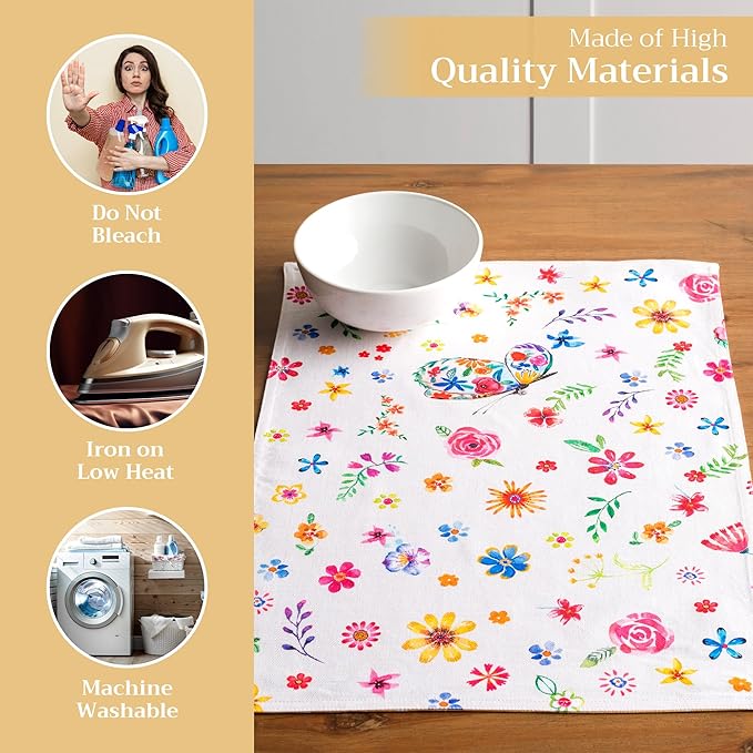 Maison d' Hermine Placemats Set of 4 100% Cotton Washable Cloth Place Mats, Reusable Table Mats for Kitchen Dining Decoration, Party, Restaurant Spring/Summer (Happy Florals - Sweety, 13" x 19")