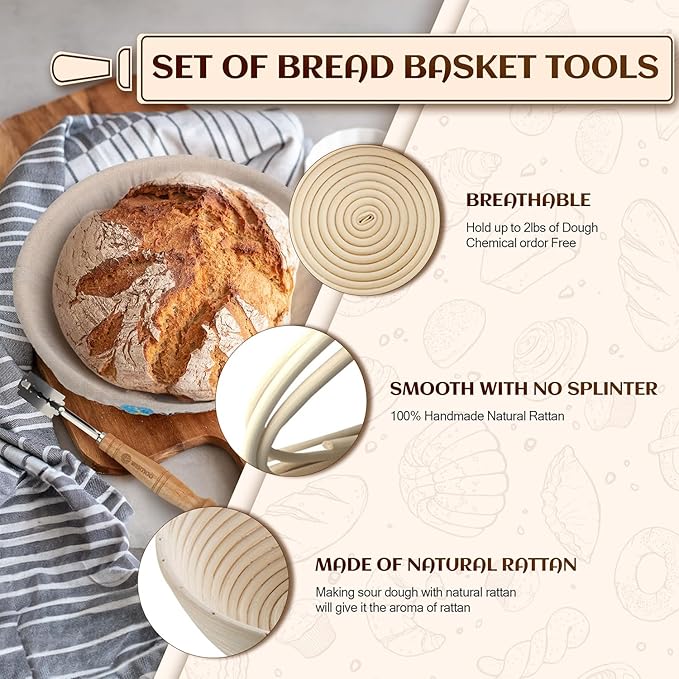 Banneton Bread Proofing Basket Set of 2, 9 Inch Round Sourdough Proofing Basket, Sourdough Starter Kit, Sourdough Bread Baking Supplies with Dough Scraper, Danish Dough Whisk, Bread Lame, Bowl Scraper