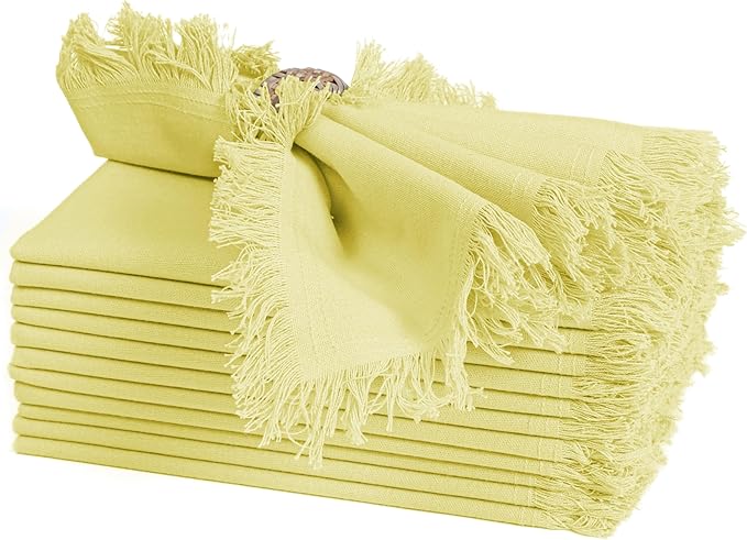 Bedding Craft Cotton Cloth Dinner Napkins Set of 12 – 18x18 French Vanilla Light Yellow with Fringed Corners – Machine Washable Fabric Napkins for Weddings, Baby Showers & Table Décor