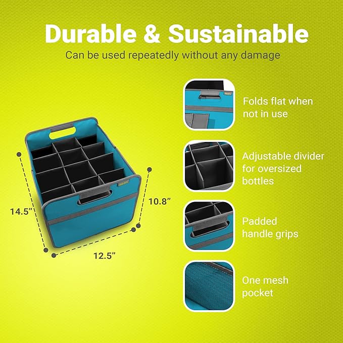 meori B100297 Azure Foldable Wine Carrier 12 Slot Blue Collapsible Liquor Storage Travel Carry Case Bottle Shopping Car RV Beach Lake Park