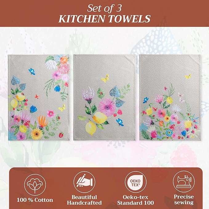 Maison d' Hermine Kitchen Towels Set of 2 100% Cotton 27.50" x 20" Reusable Cloth Tea Dish Towels Absorbent with Hanging Loop for Kitchen, Dining, Cocktail Parties Spring/Summer (Jardin D'Ete - Fog)
