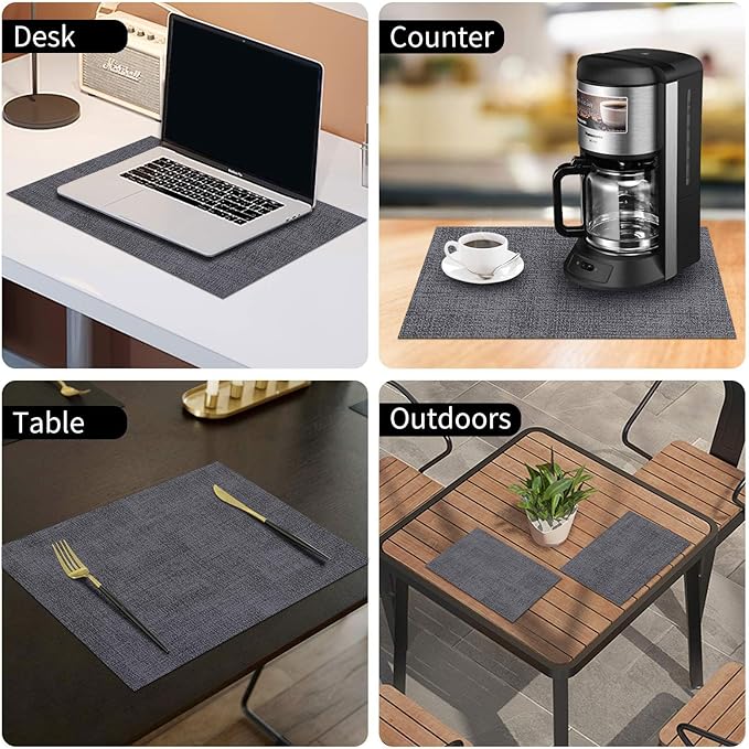 homing Faux Leather Heat Resistant Placemats 6 Packs, Waterproof Wipeable Dining PU Place Mats for Indoor & Outdoor, Easy to Clean, Charcoal