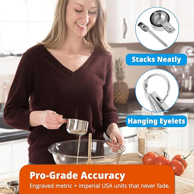 Heavy-Duty 304 Stainless Steel Measuring Cup Set (18-Piece) - Stackable, Dual Metric/US, Long & Narrow Spoons for Spice Jars + 5 Mini Spoons