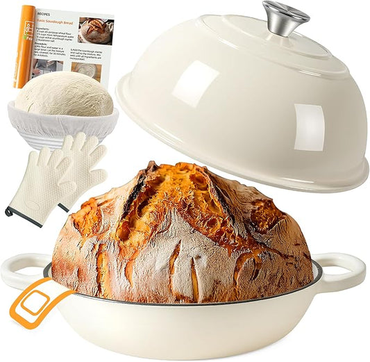 AHJ 6QT Dutch Oven For Bread Baking, Enameled Cast Iron Dutch Oven Pot with Lid, Multi-Functional Bread pan, Sourdough Baking Supplies with Proofing Basket, Cast Iron Bread Oven, Silicone Sling & Gloves.