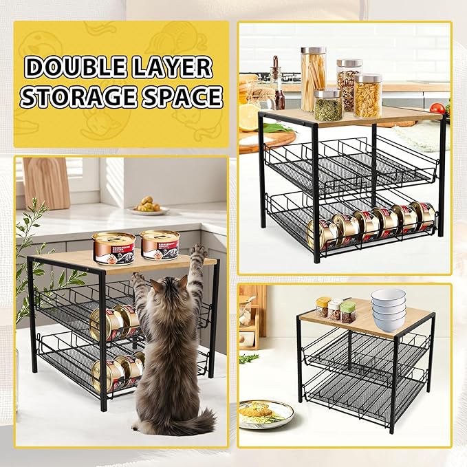 Bamboo & Iron Cat Food Organizer for Pantry, 2-Tier Can Stackable Storage Rack Holds 48 (3oz) Cans, Flat Top for Extra Storage, Automatic Slide-Down Perfect for Pet Food Cans