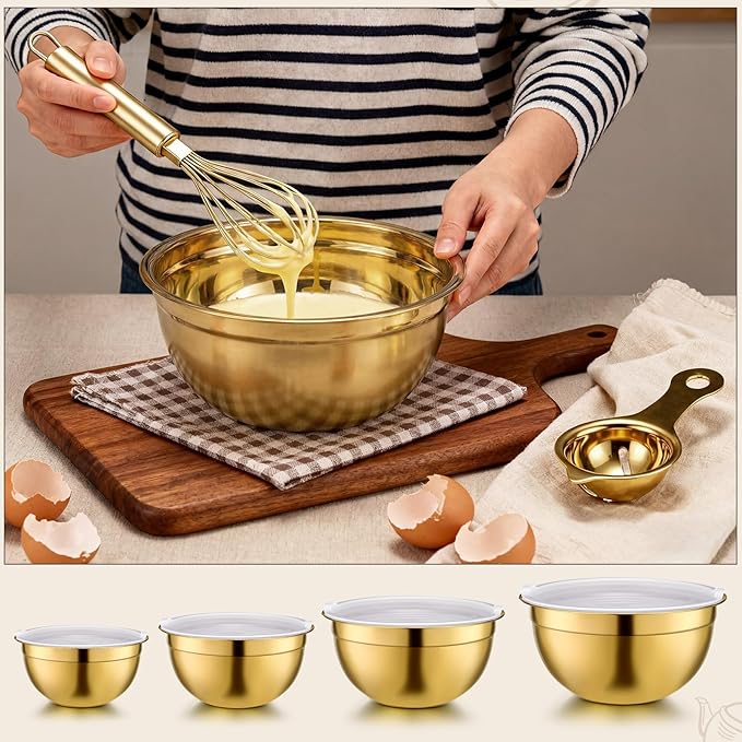 LemonRoad 8 Pcs Gold Kitchen Accessories Set Includes 1.5/2/2.8/3.6 Qt Gold Mixing Bowls with Airtight Lids, 1 Set Stainless Steel Measuring Cups, Grater Slicer with Handle, Egg Beater, Egg Separator