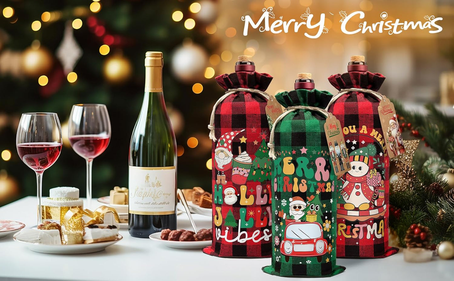 12PCS Burlap Wine Bag Christmas Wine Gift Bags, Drawstring Retro Christmas Bottle Cover Gift Bag w/ Tag, Buffalo Plaid Wines Bags for Bottles Gifts Reusable Bottle Covers for Xmas Holiday Party Decor