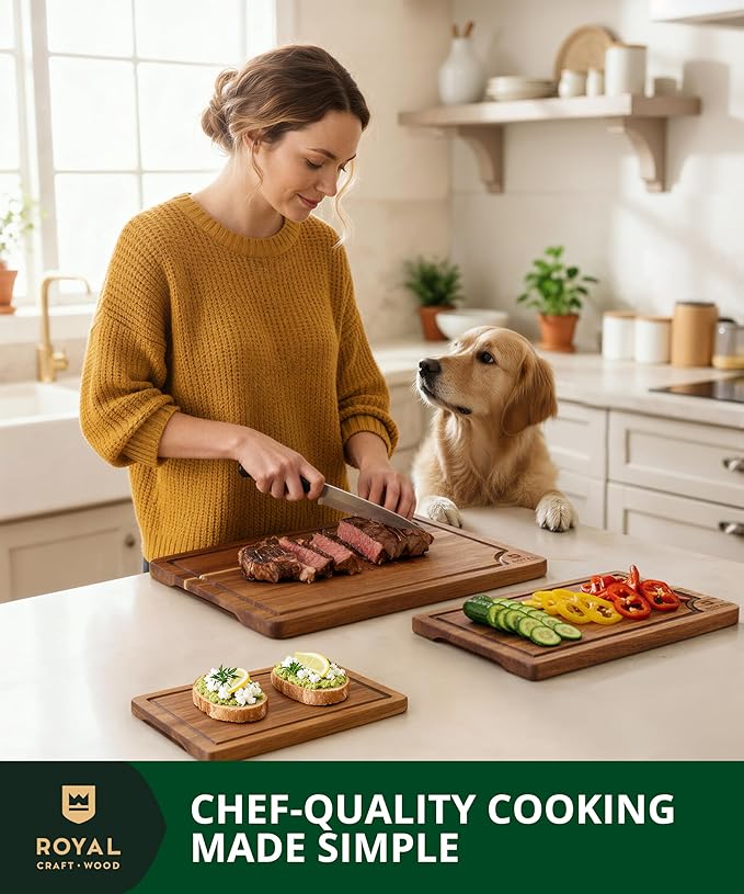 ROYAL CRAFT WOOD Acacia Wood Cutting Boards Set of 3 – Premium Wooden Cutting Boards for Kitchen Meal Prep & Serving - Charcuterie & Chopping Butcher Block for Meat with Deep Juice Groove Side Handles