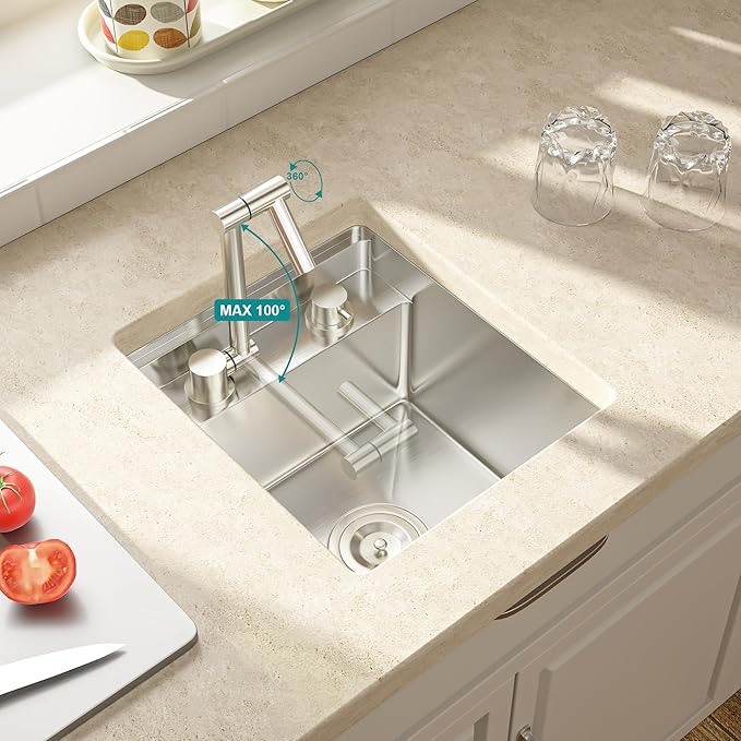 Lordear RV Kitchen Sink with Foldable Faucet,15" x 17" Bar Prep Sink Undermount 16 Gauge Stainless Steel Single Bowl Small Kitchen Camper Wet Bar Mobile Home Basin