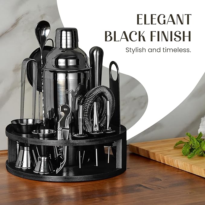 Mixology & Craft Bartender Kit – 15-Piece Cocktail Shaker Set with Bar Tools, Premium Stainless Steel Drink Mixer Accessories for Home Bar, Includes Bamboo Stand, Plus Exclusive Recipe Cards (Black)