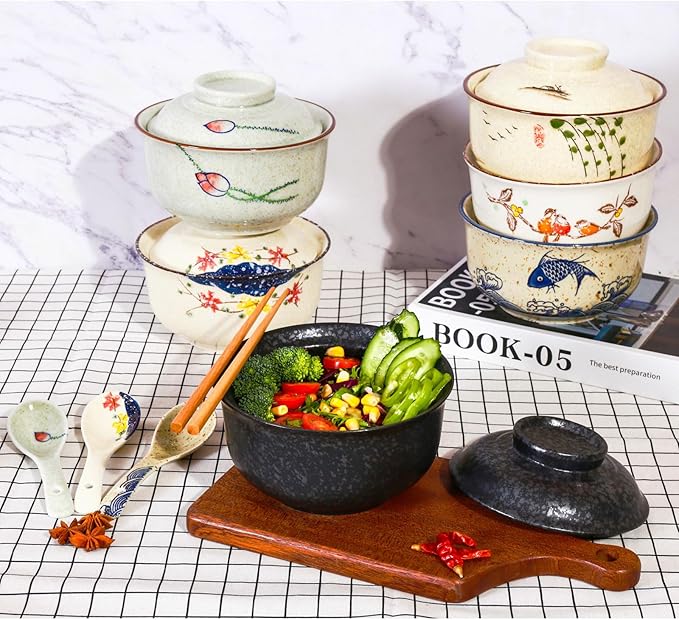 Ceramic Ramen Bowl Set, 800ml, with Lid, Spoon and Chopsticks, Japanese Vintage Large Soup Bowls Instant Noodle Bowl Asian Tableware (Black*2)