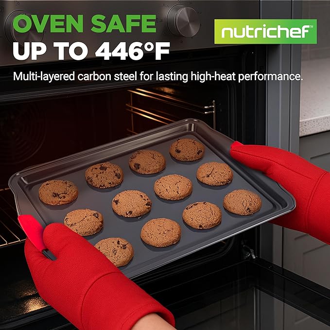NutriChef 3-Piece Large Nonstick Cookie Sheets for Baking | Premium Food-Grade Carbon Steel, Non-Stick Tray Set with Silicone Handles, Oven Safe up to 446°F | Easy to Clean, 17.2 x 11.8 x 0.7 Inch