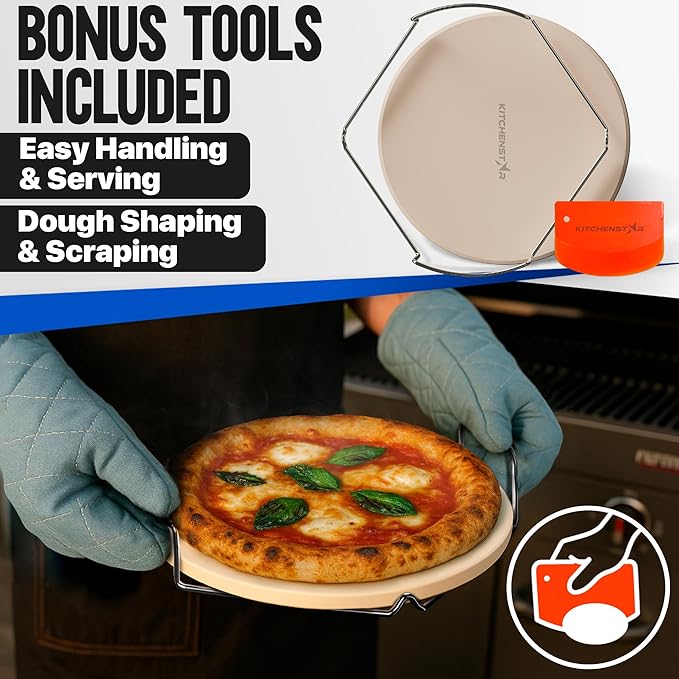 KitchenStar 12-inch Pizza Stone for Oven and BBQ Grill with Handles, Round, 5/8" Thick - Natural Cordierite, 1800 °F Resistant, Baking Stone Set with Stainless Steel Rack & Plastic Scraper Tool