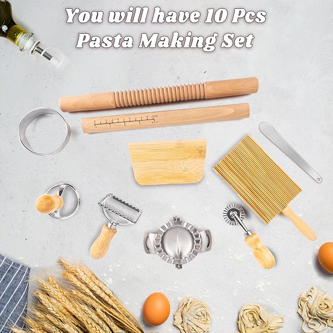 10 Pcs Pasta Making Tools Kit, Wooden Threaded Rolling Pin, Rolling Pin With Scales, Gnocchi Board, Dough Scraper, Dumpling Maker, 5 Ravioli Stamp Maker Cutter For Pasta Maker And Kitchen DIY Gift