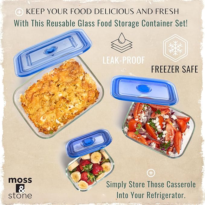 Moss & Stone Extra Large Glass Storage Containers With Lids Set of 3, 101 Oz/ 54 Oz/ 16 Oz, Deep Rectangular Glass Food Container with Lid, Leak Proof, Microwave, Dishwasher & Oven Safe
