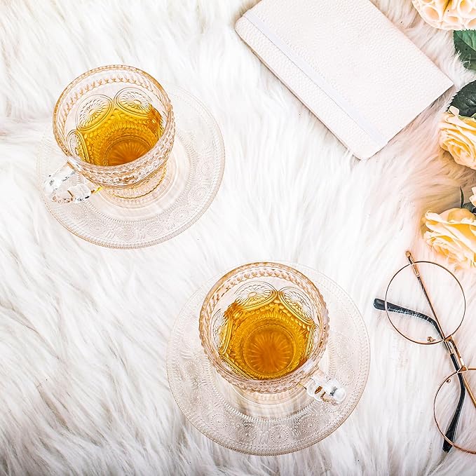 Glass Tea Cups and Saucers Set of 6 - Vintage Coffee Mugs -Teacups Set for Espresso Cappuccino Latte Tea - Dishwasher Microwave Safe (7OZ / 210ML)