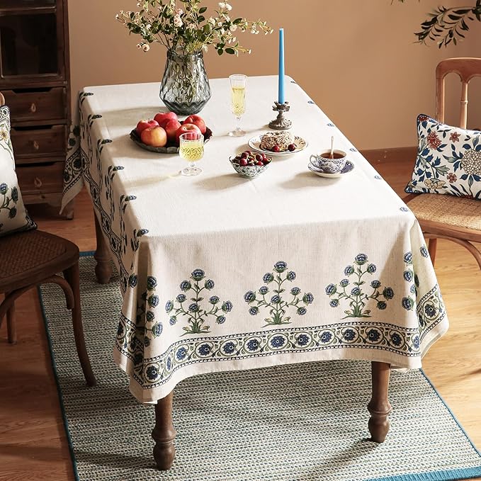 patdrea Designer Blue Tablecloth for Rectangle Tables,Vintage Linen with Leaves and Flowers Pattern Tablecloths,Farmhouse Floral Table Cover Cloth Decor for Kitchen Dining Christmas,63"*102"