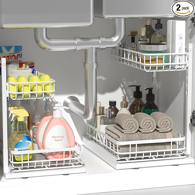 Under Sink Organizer, Adjustable Height Pull-Out Kitchen Storage Organization,15.8" x 11.8" x 16.5", 2-Tier Kitchen Shelf, Bathroom Drawer Organizer, 2 Pack|White